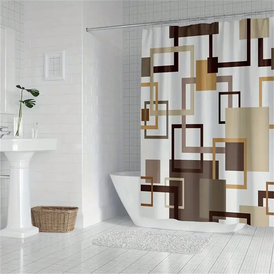 Modern Brown Geometric Print Shower Curtain - Waterproof Polyester Bathroom Accessory, Machine Washable, Privacy Protection, Easy Hanging Installation, Stylish Autumn Bathroom Decor