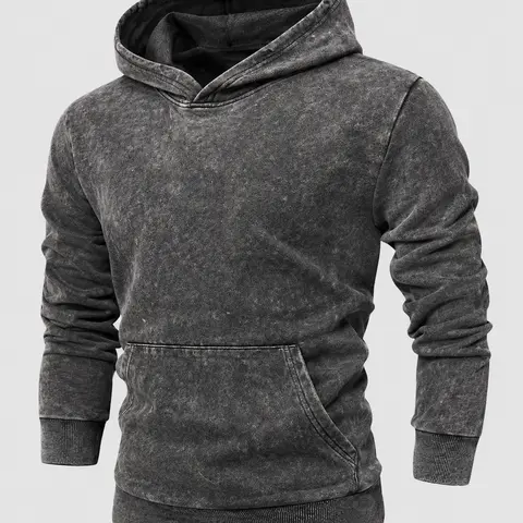 Men's Acid Wash Pullover Hoodie, Vintage Washed Long Sleeve Sweatshirt with Kangaroo Pocket and Ribbed Cuffs, Casual Streetwear for Fall and Winter Black Stylish