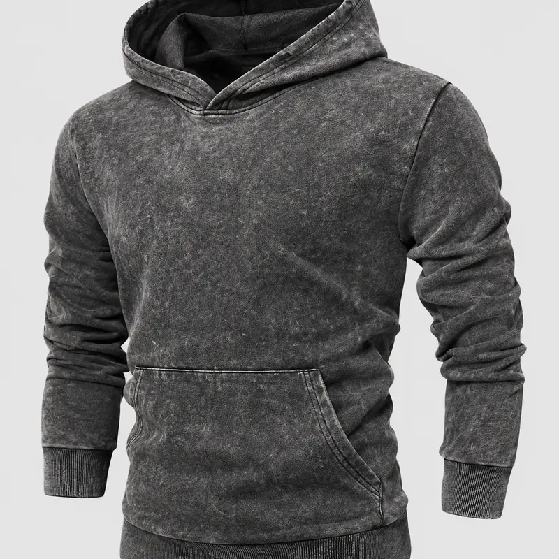 Men's Acid Wash Pullover Hoodie, Vintage Washed Long Sleeve Sweatshirt with Kangaroo Pocket and Ribbed Cuffs, Casual Streetwear for Fall and Winter Black Stylish