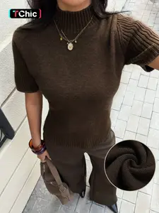 Women's High Neck Short Sleeve Knit Sweater, Spring Summer Fashion, Casual, Slim Fit, Comfortable and Stylish, Perfect for Daily Wear