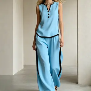 Contrast Trim V-Neck Lounge Set | Sleeveless Wide Leg Pants 2pc Outfit | Flattering Summer Co-ord | Chic Mother's Day Gift | Soft Knit Sleepwear | Elegant Women's Apparel