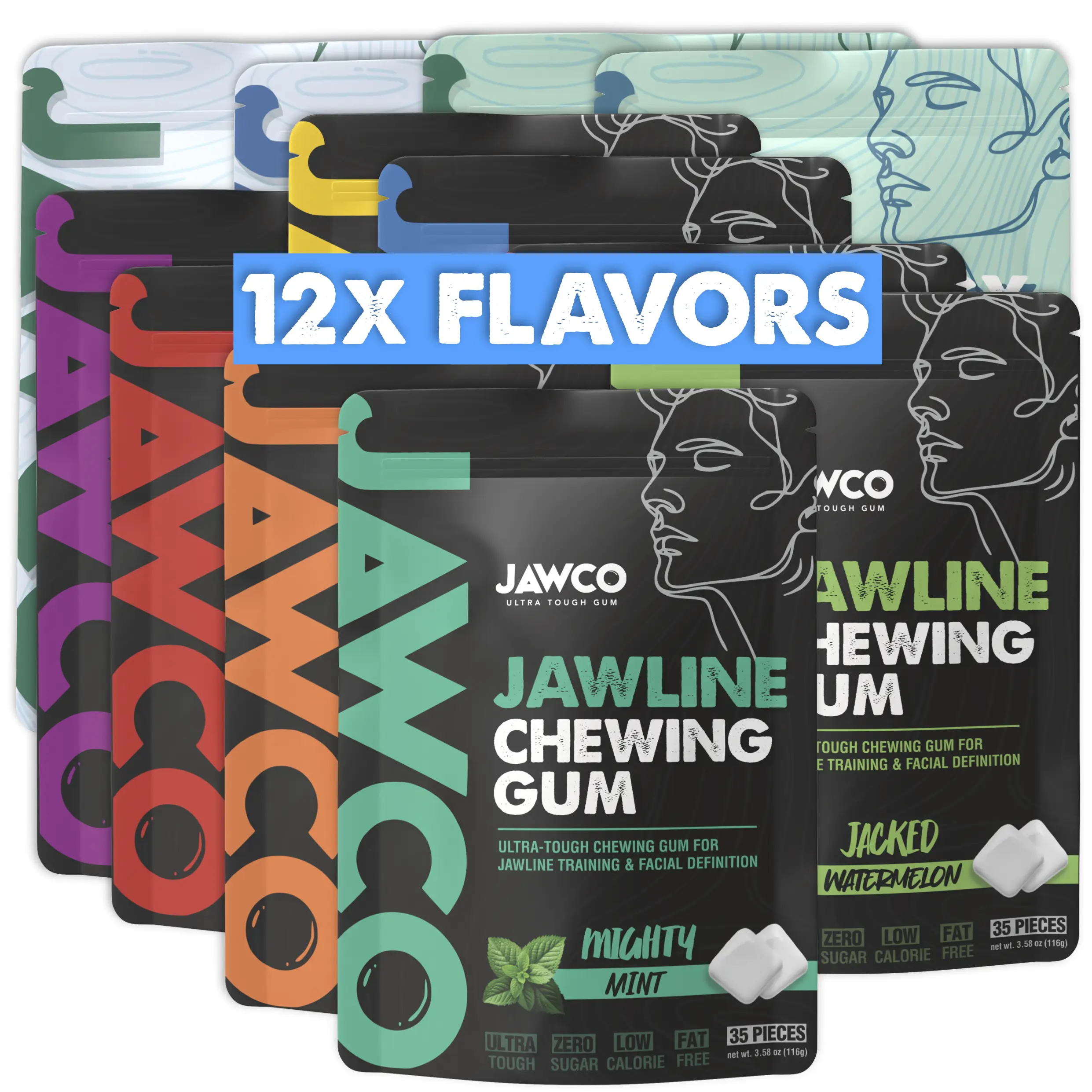 GIGA 12-Pack | JAWCO Ultra-Tough Jawline Chewing Gum  | Get a Stronger, Squarer Jawline | 15X Strength Hard  Gum | Facial Fitness Jawline Training Gum | Includes ALL Flavors