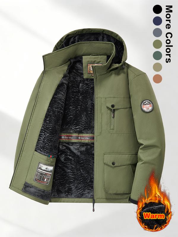 Men's Winter Sherpa Fleece Lined Hooded Jacket, Warm Windproof Multi-Pocket Work Coat, Suitable for Outdoor Activities and Casual Wear