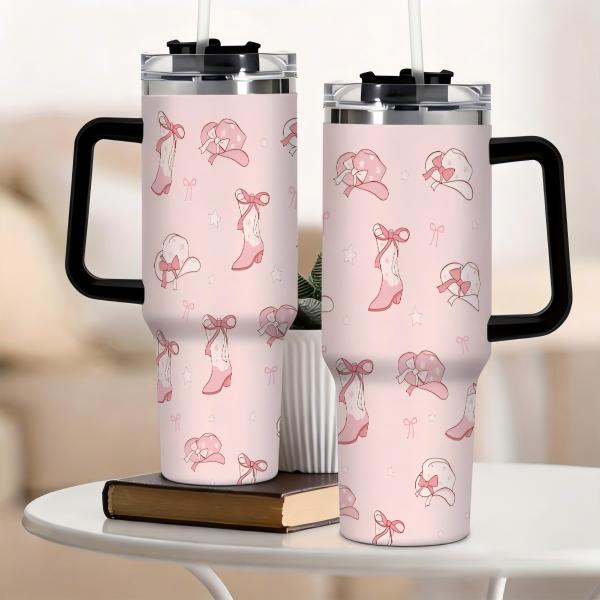 40oz Pink Cowgirl Tumbler with Handle & Straw, Stainless Steel Insulated Travel Mug, Reusable Hot Cold Coffee Cup, Western Cowboy Hat Boot Design, Cute Gift for Women, Mother's Day, Birthday, Home Office Use