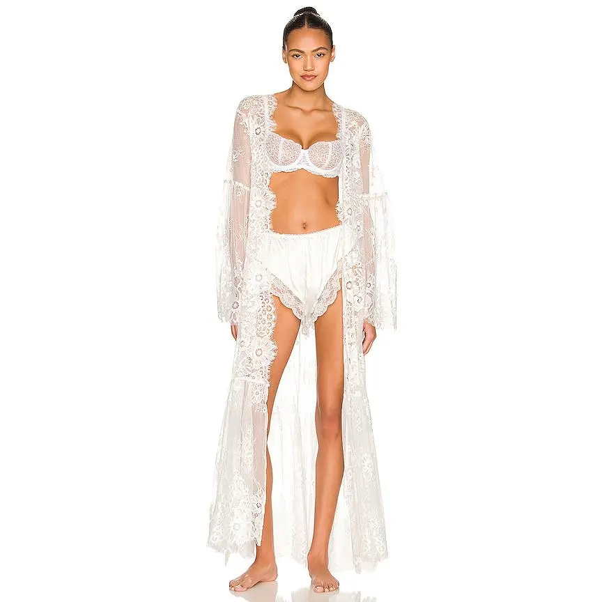 homebodii Georgina Long Lace Robe in White