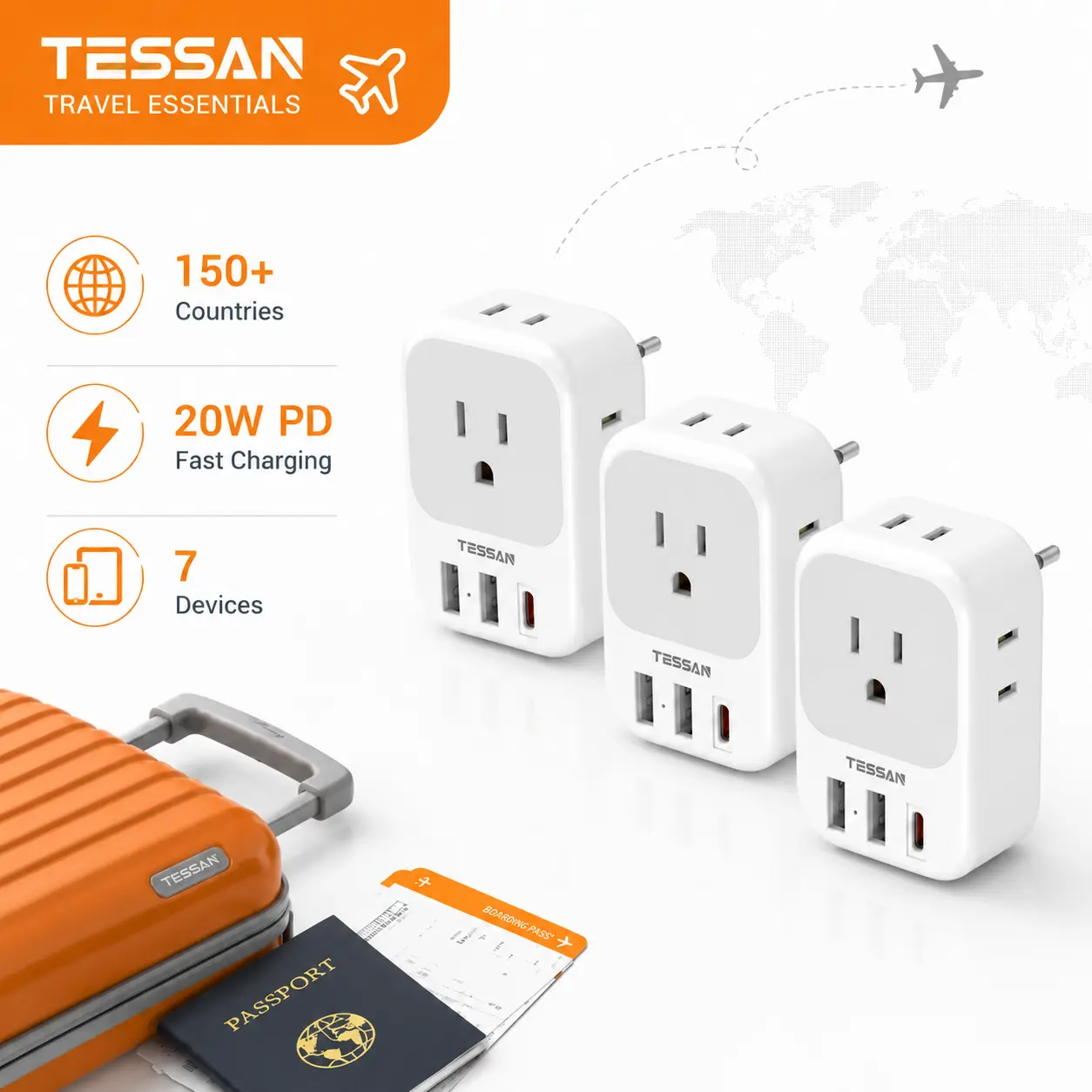 3 Pack TESSAN European Travel Plug Adapter USB C , PD 20W US to Europe Plug Adapter with 4 AC Outlets 3 USB Ports, Type C Power Adaptor for USA to EU Euro Spain France Iceland Italy Germany Greece Smartphone Cellphone Charging Portable