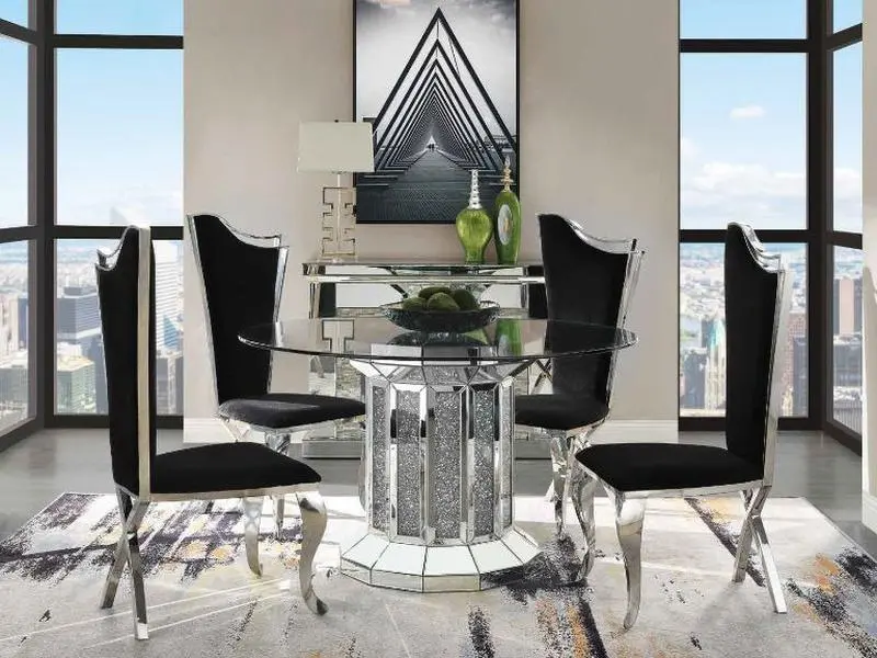 Acme 72140-62079 Noralie Luxurious 5-Piece Faux Diamond Inlay 52" Round Dining Table Set with Chairs, Assembly Required Indoor Furniture Set for Hosting Gatherings