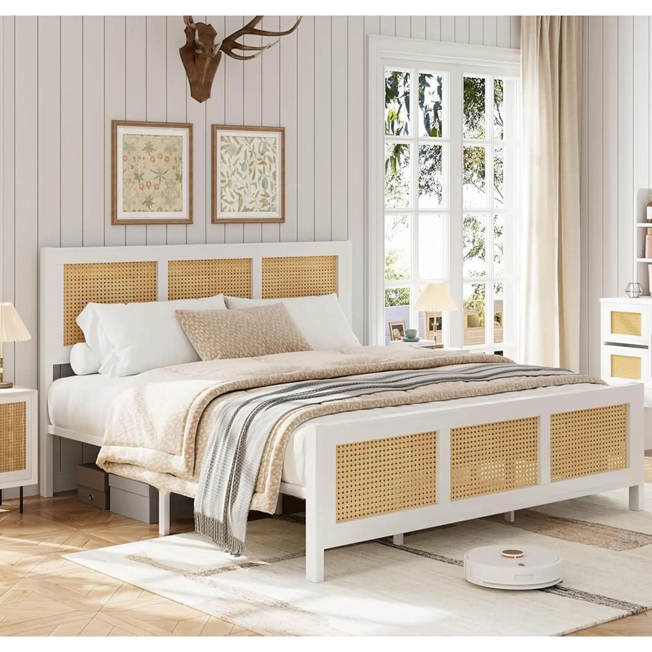 GARVEE Queen Rattan-Metal Platform Bed Frame with Rectangular Headboard, Bohemian Look, Strong Metal Support Slats, No Box Spring Needed, Noise-Free Indoor Furniture Design