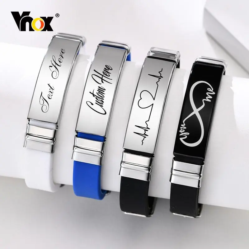 Vnox Custom Engrave Casual Silicone Bracelet for Men Women,Stainless Steel ID Tag Wristband Unisex Jewelry,Length Adjustable