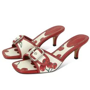 SOVANYOU Kitten Heel Sandals Stiletto Low Heels Slip On Slides Mule Sandal Square Open Toe Dress Shoes for Women