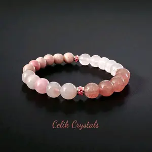 'Love Frequency' Strawberry Quartz Lavender & Pink Rose Quartz Rhodonite Bracelet Stainless Steel Cubic Zirconia Spacers Natural Crystals 8mm Beads Loving and Gentle Bracelet