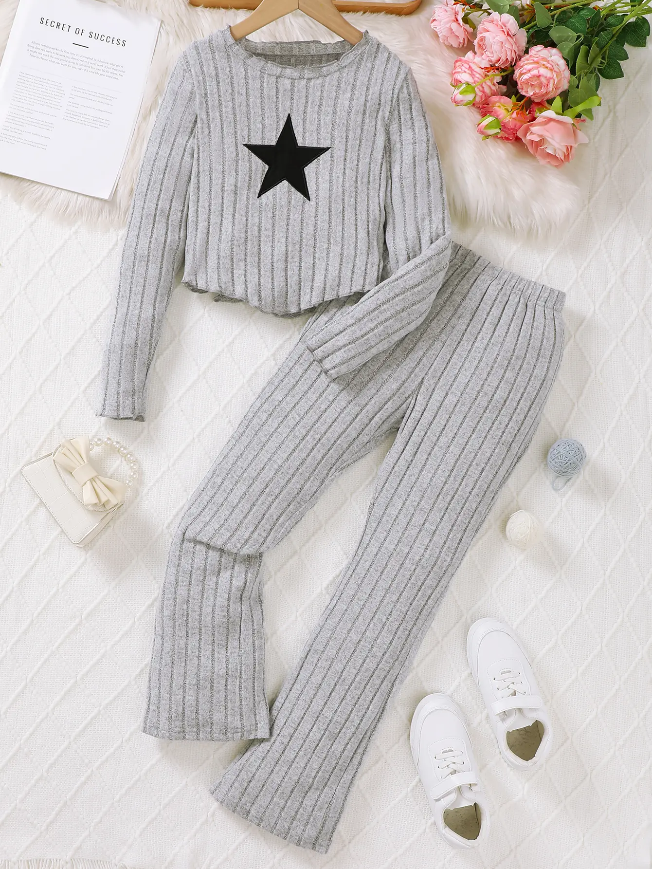 Girls Ribbed Active Star Asymmetrical Tops and Flare Leggings Set, 2 Piece, Sizes 8-12,Ready Stock 132407146
