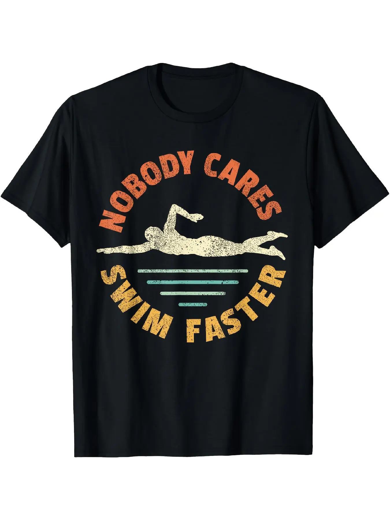 Men's Retro Swim Team Graphic T-Shirt - Vintage Swimming Design with "Nobody Cares Swim Faster" Slogan & Diving Diver Print - Comfortable Round Neck Short Sleeve Tee for Swim Practice, Coaching, Casual & Outdoor Activities