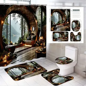 4pcs Cozy Cabin Shower Curtain Set with Matching Bath Mats, The floor mat fabric is thicker and softer! Rustic Woodland Design Featuring Lake View & Ambiance, Ideal for Relaxing Bathroom