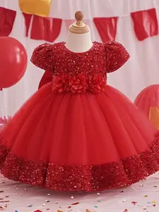 Toddler Girl's Glitter Sequin Decor Cute Princess Dress, Cute Puff Sleeve Round Neck Tulle Dress for Party Wedding Guest, Birthday Dress, Kids Clothes for All Seasons