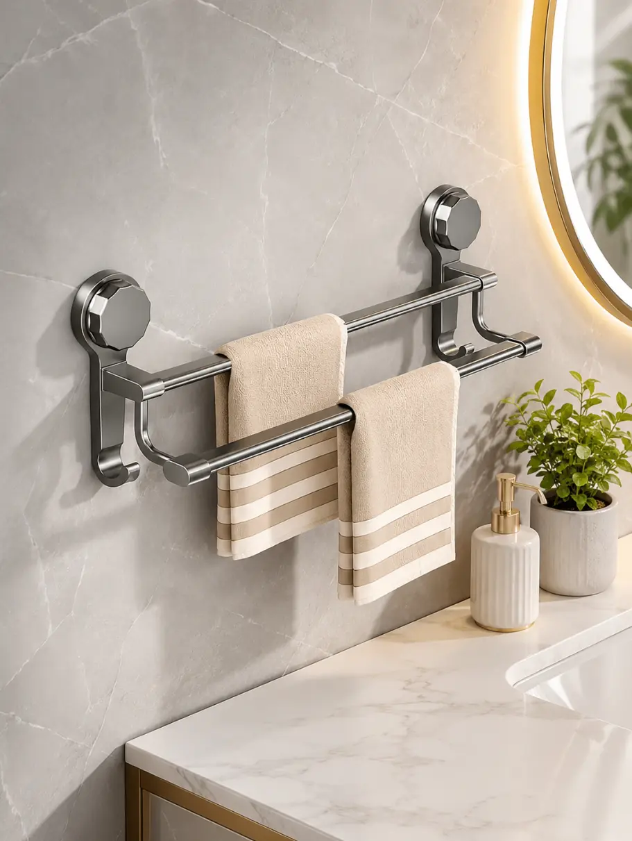 19.69in Thickened Reinforced Metal Double Rod Suction Cup Bathroom Towel Holder, Modern No-Drill Bathroom Organizer, 60s Quick Install Space-Saving Tidy Solution