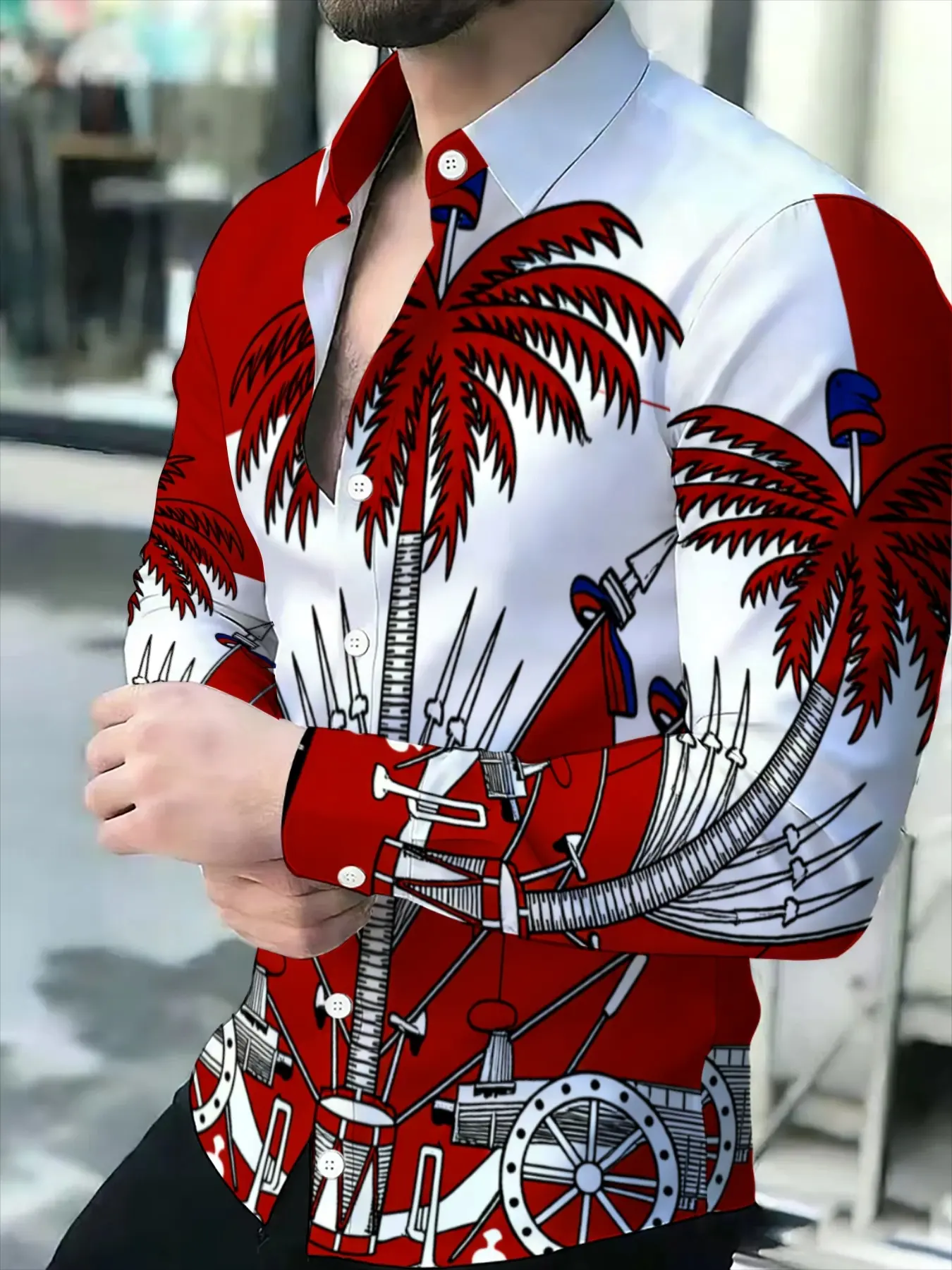Men's Long-Sleeve Casual Button Collared Shirt Button Up Design Print Novelty Pattern Tropical