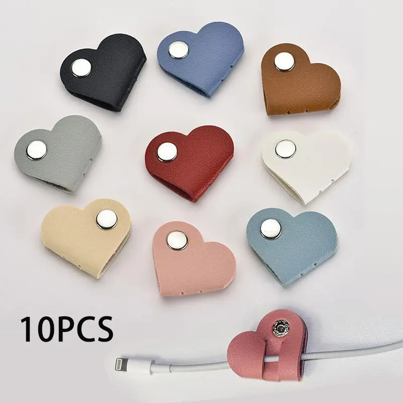 10 Pcs Portable PU Leather Heart Cord Organizer Straps - Cable Management Storage & Protector for Headphones, Charging Data Cords