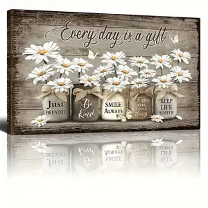 2D Flat 1PC Wooden Framed Rustic Wall Art Daisy Butterfly Gift Canvas Vintage Floral Wall Art, Flowers Inspirational Picture For Bedroom Living Room Bathroom Office Wall Decor Framed Home Decorations Ready To Hang With Framed Ready To Hang