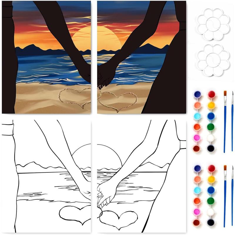 2 Pack Sip and  Kit Valentines Couple Painting Kit Supplies Canvas Painting Art Painting Set Pre Drawn Canvas to  for Adults Couple Date Night Party (8x10)