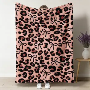 Pink Leopard Bowknot Flannel Throw Blanket, Soft Warm Coquette Aesthetic, Cozy Plush Printed Design, Ideal for Sofa-Couch Use, Birthday Gift for Her, 50"x60", Throw Blankets,summervibes