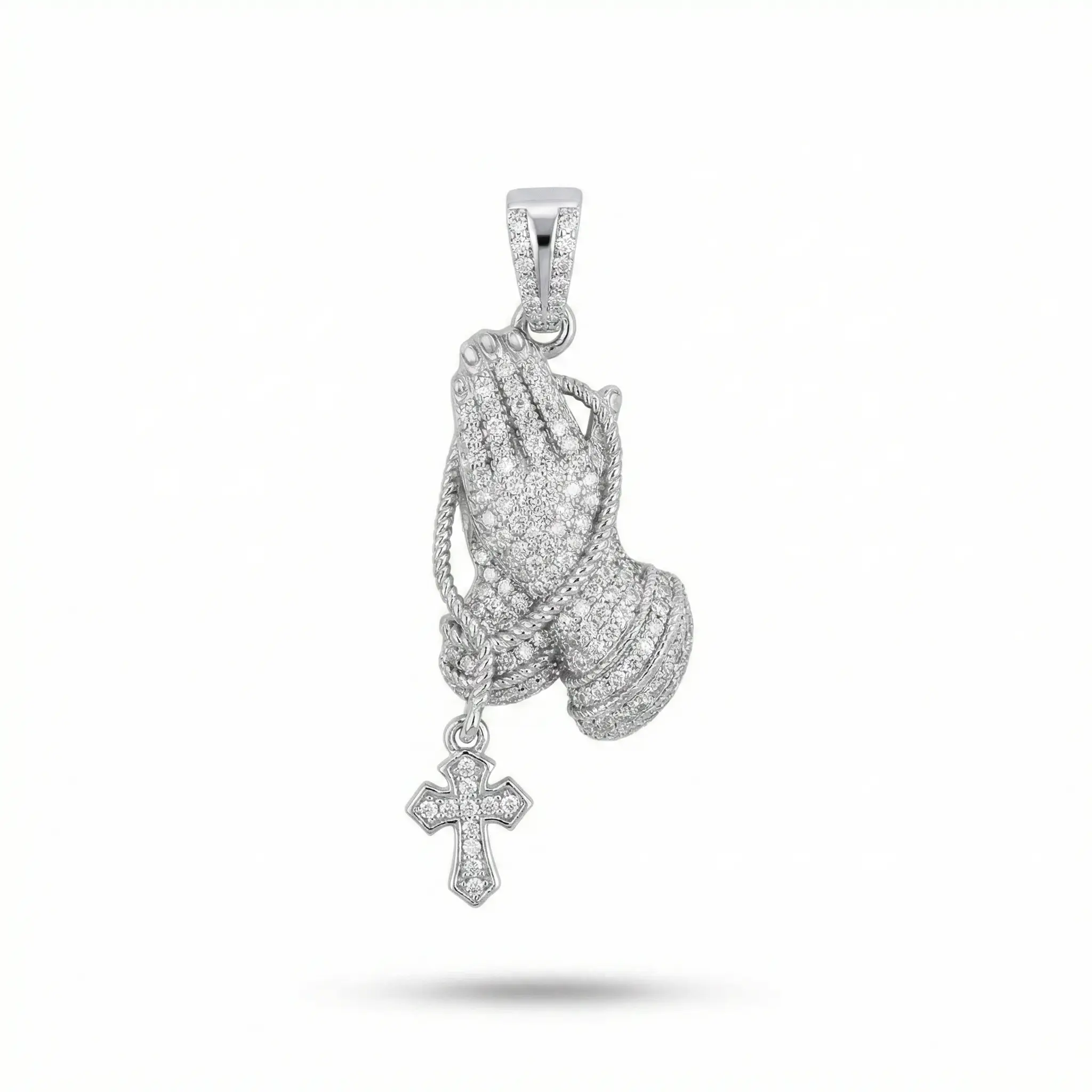 Praying Hands with Rosary and Cross Moissanite Pendant