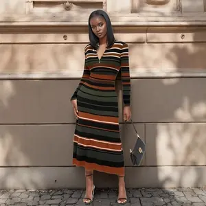 Contrasting Color Straight Large Size Striped Knitted Dress Long Sweater Skirt