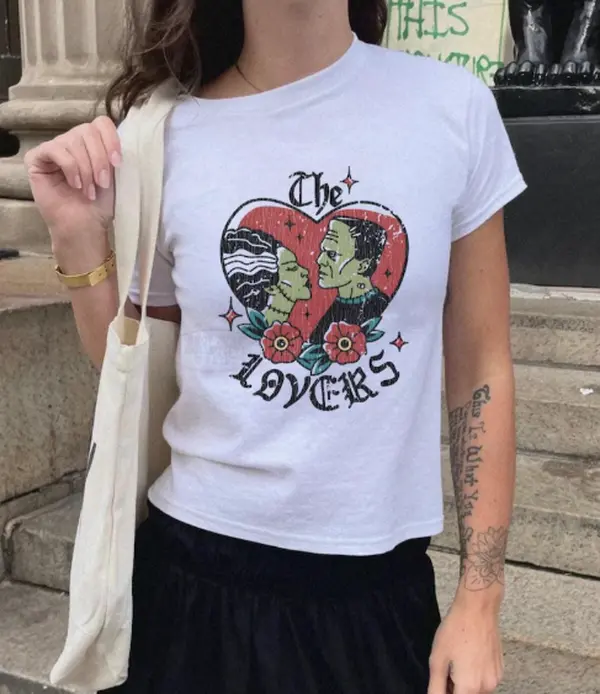 Monster Lovers Baby Tee 90s Cult Classic Horror Summerween Top Vintage Old School Tattoo Shirt Monster Bride Tee Retro Halloween Shirt
