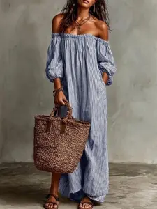 Women's Vintage Striped One-Shoulder Long Dress, Loose Fit Slimming Bubble Sleeve Off-The-Shoulder Dress, Beach Vacation Style Summer