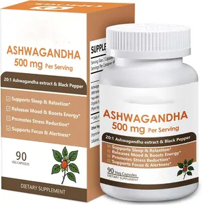 Organic Ashwagandha, Pure Herb Extract, Added Black Pepper, High Absorption, for Boosts Energy, Sleep, Focus, Stress Relief.& Immune Support, Non-GMO, 90 Vegetable Capsules