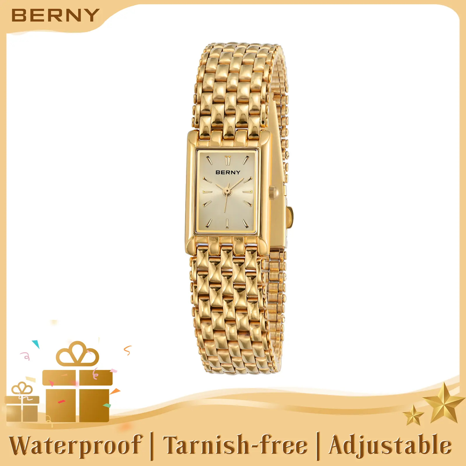 BERNY Gold Watch for Women Vintage Style Ladies Square Quartz Wristwatch All Stainless Steel Womens Dainty Tiny Old Money Goldwatch Luxury Casual Fashion Bracelet Tools Included, Gift for Mother Wife, Reloj de Mujer, Fashion Summer Accessories