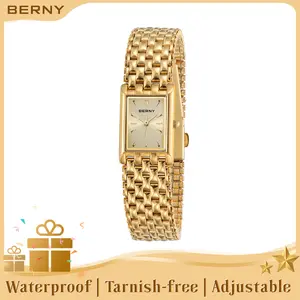 BERNY Gold Watch for Women Vintage Style Ladies Square Quartz Wristwatch All Stainless Steel Womens Dainty Tiny Old Money Goldwatch Luxury Casual Fashion Bracelet Tools Included, Gift for Mother Wife, Reloj de Mujer