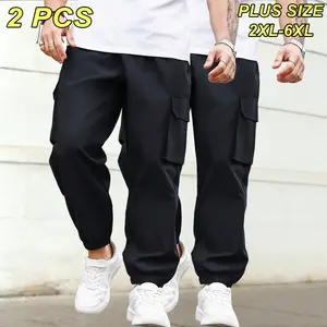 2XL–6XL Plus Size Men’s Casual Cargo Pants — Loose straight-leg design with multiple pockets for added practicality; adjustable elastic waistband with drawstring; suitable for everyday wear at home and outdoor activities.