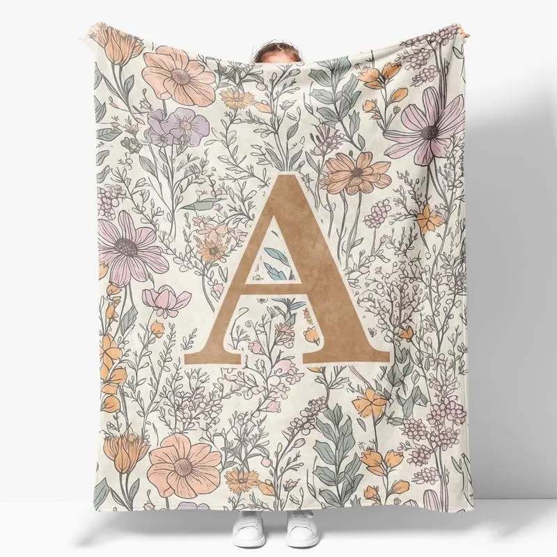 Embroidered Letter A to Z Blanket Custom Monogram Floral Design Ultra Soft Plush Throw Perfect Personalized Gift For Women Teens Best Friends All Season Cozy Comfort Home Office Decor