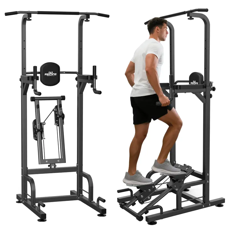 RELIFE Stainless Steel Power Tower - Fitness Workout Equipment for Full Body Workout & Body Transformation, Adjustable Height Calisthenics Bar with Multiple Grips, Dip Station, Easy-Remove Stair Stepper, 450lbs Max Capacity, Anti-Scratch Coat for Adults