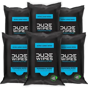 DUDE Wipes - Flushable Wipes Travel Pack - 6 Pack, 108 Wipes - Extra Large Unscented Wet Wipes with Vitamin E & Aloe - Septic and Sewer Safe Butt Wipes For Adults