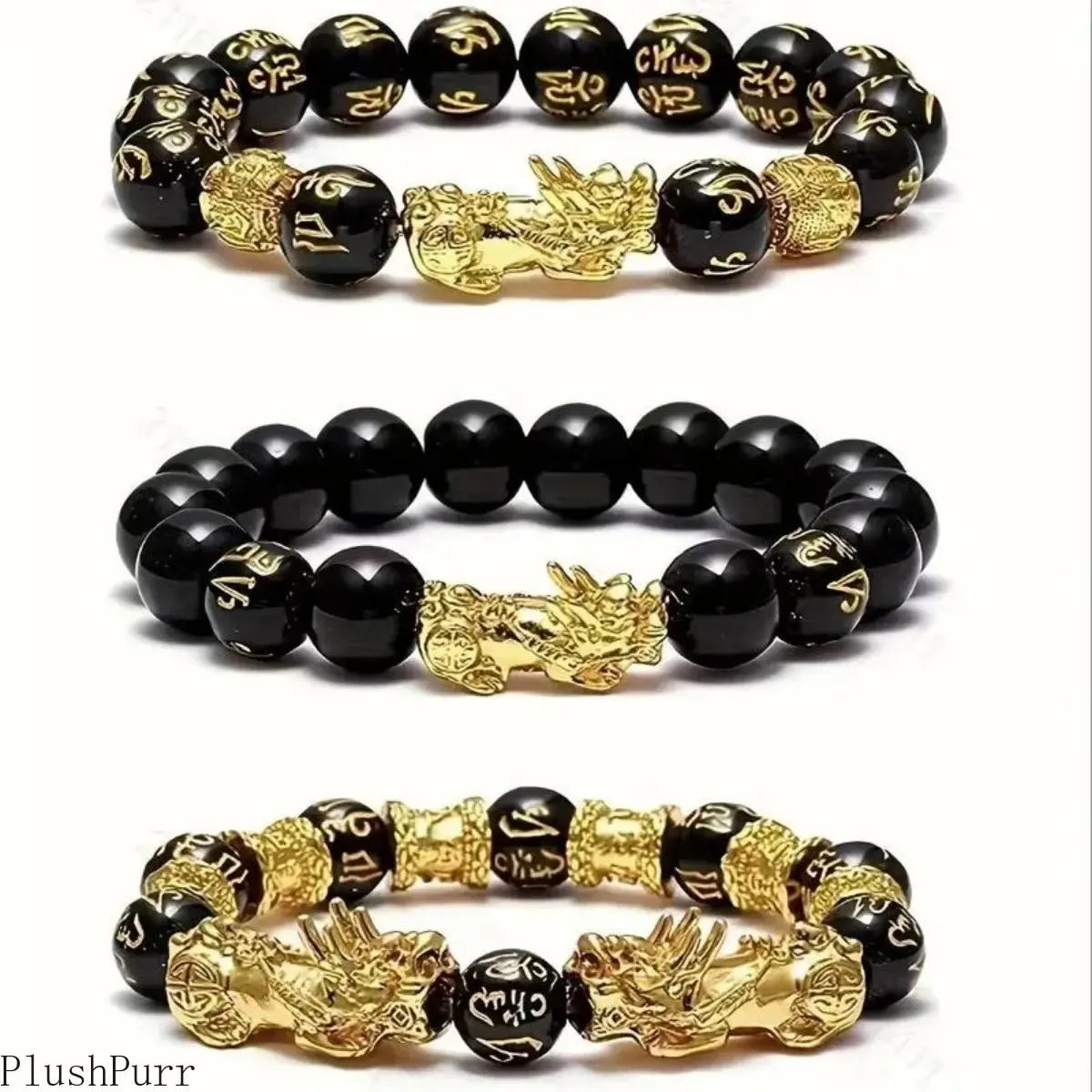 3-Piece Beaded Set, Natural Stone Unisex Jewelry with Feng Shui Energy and Wealth-Attracting Pixiu Charm, Gift-Ready Trio, Bangle Bracelet Set, 3-Piece Set