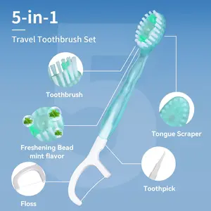 50/100pcs 5-in-1 Portable Mini Disposable Toothbrushes With Toothpaste Tongue Scraper Floss Pick Individually Wrapped Bag Small Travel Toothbrush For Adults