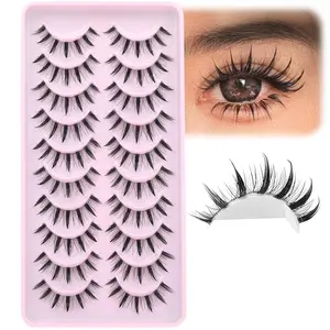 Manga Lashes Natural Look Wispy Lashes Anime False Eyelashes Strip Spiky Fake Eyelashes with Invisible Lash Band 10 Pairs Asian Doll Lashes with Clear Band
