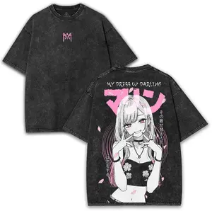 Marin Kitagawa My Dress-Up Darling Oversized Washed Tee 260GSM With Pink Sakura Anime Back Art | Cute Waifu Collector Shirt Cotton Streetwear Unisex couple T-shirts Clothes Print