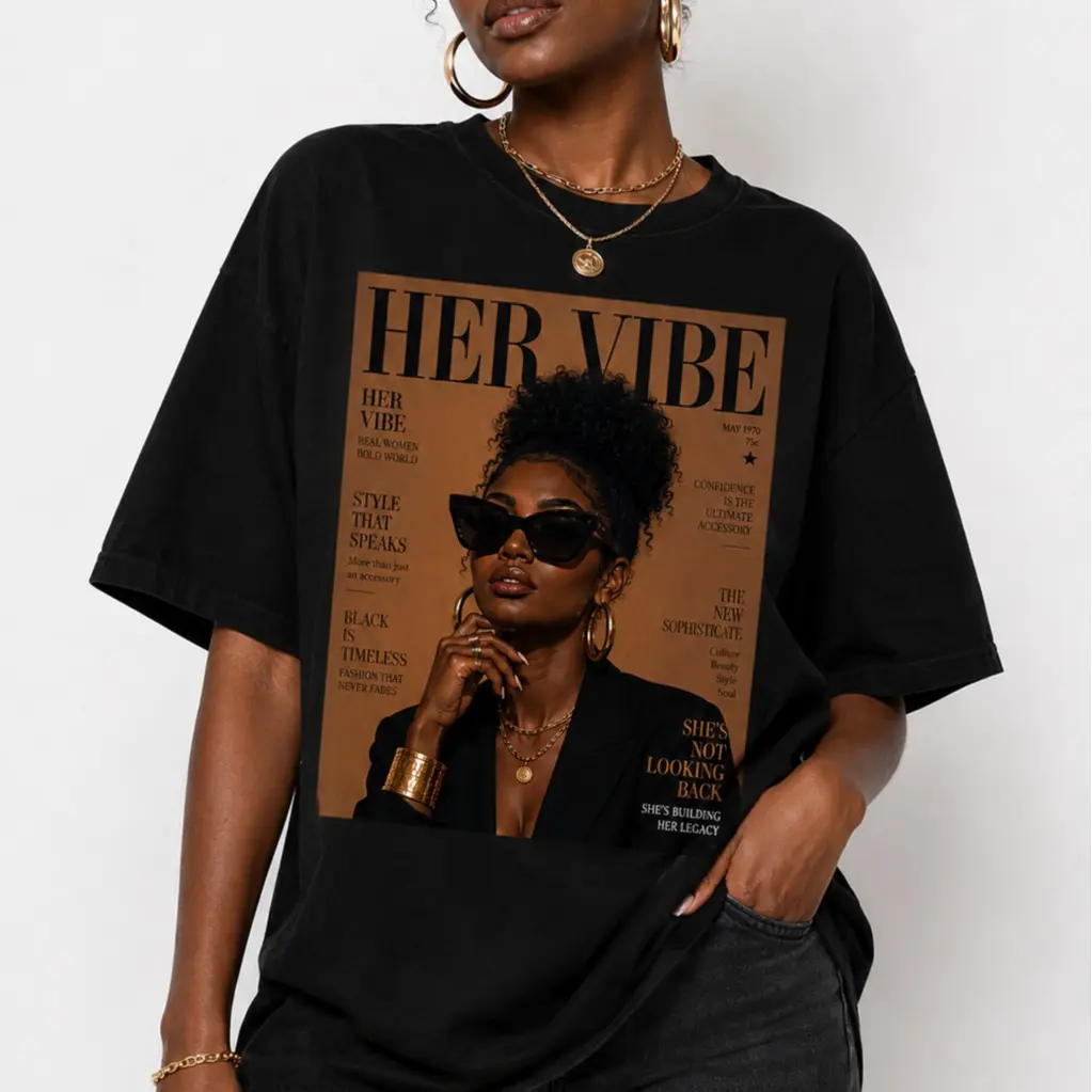 Her Vibe Black Women Fashion Magazine Women's T-Shirt, Black Girl Magic Melanin Queen Graphic Tee, Vintage Editorial Style Afro Chic Fashion Gifts