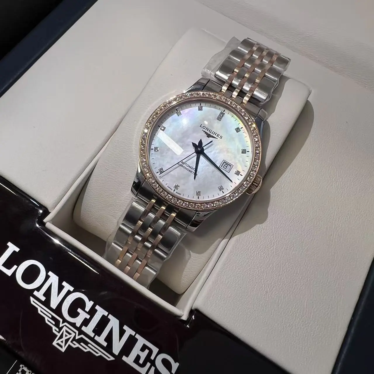 Pre-owned H6 Longines Record series automatic mechanical movement in stainless steel and 18k rose gold 2222