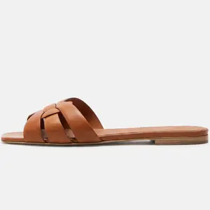 ReneChristine Women's Woven Strap Square Toe Flat Slide Sandals, Casual Slip On Summer Shoes