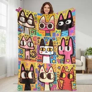 Colorful Cartoon Cat Flannel Blanket  Abstract Pop Art Kitty Print Pattern  Soft Warm Lightweight Cozy Throw  Perfect for Sofa Living Room Bedroom Office Travel Gift Decor