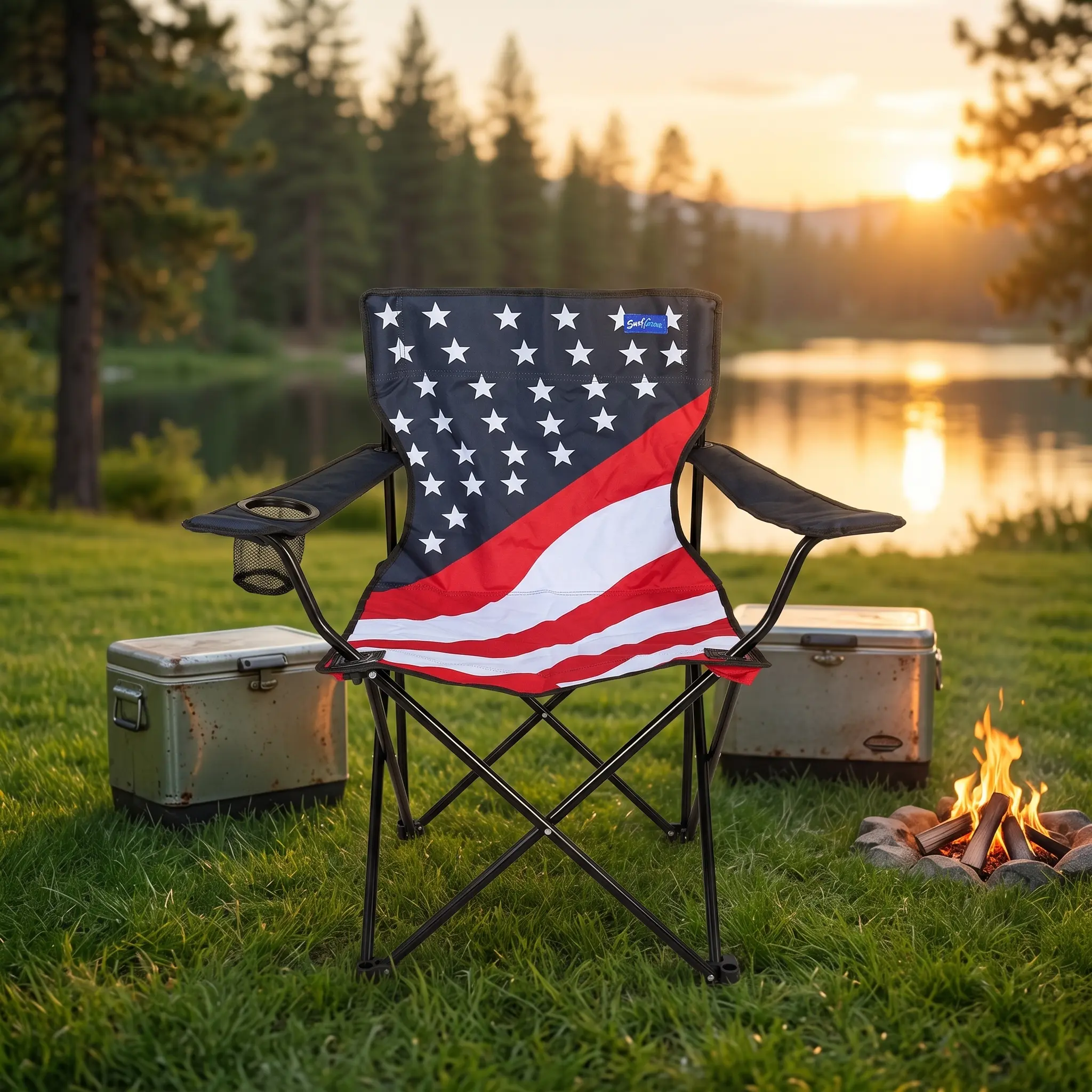 Surfgear American Flag Folding Camping Chair with Cup Holder, Portable Heavy Duty Outdoor Camp Chair for Camping, Fishing, Tailgating & Picnic