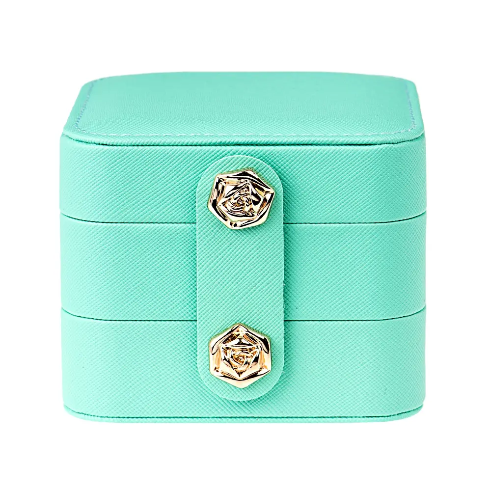 JTV Turquoise 3 Layer Jewelry Box with Rose Snap Closure Approximately 3.75x3.75x3.15"