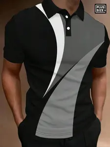 [Plus Size] Men's Regular Fit Plain Contrast Trim Polo Shirt, Casual Short Sleeve Button Collar Top for Summer, Fashion Men's Clothes for Daily Wear, Tropical, Menswear