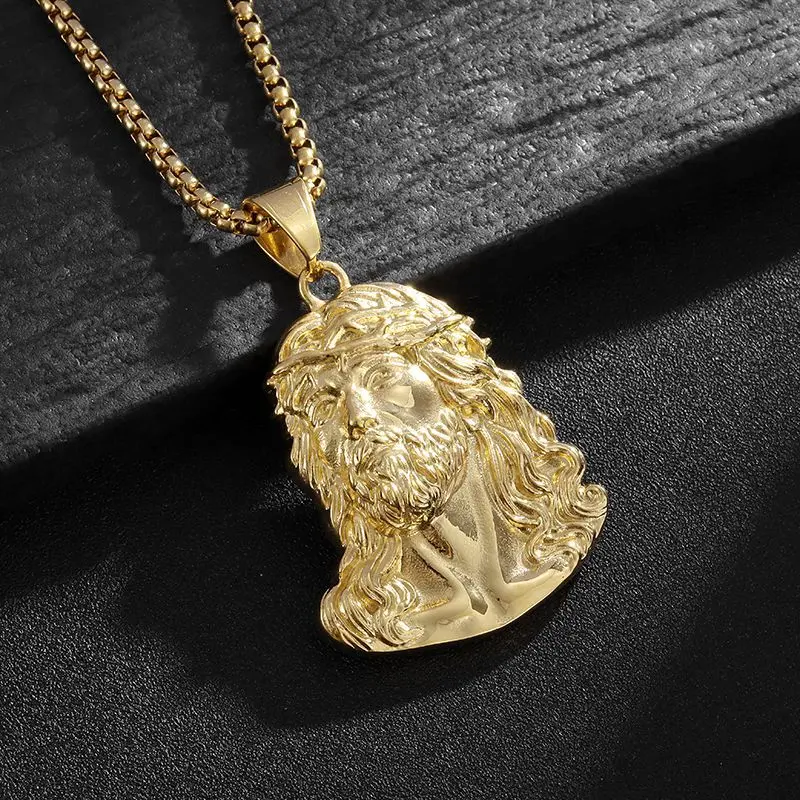 Unisex Classic Stainless Steel Jesus Head Pendant Necklace - Religious Faith Jewelry with Metal Coating, Waterproof Geometric Casual Daily Hip Hop Street Fashion Accessory