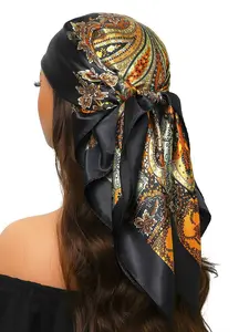 1 Piece Women's Classic Satin Paisley Square Scarf, Minimalist & Versatile 35.4*35.4 Inch Imitation Silk Headscarf, Thin Style Travel Sun Protection Square Scarf Shawl