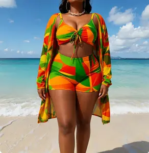 Plus Size Abstract Print 3-Piece Swimsuit Set - Tie-Front Bikini, High Waist Shorts and Matching Kimono Cover-Up, Ideal for Poolside Relaxation, Beach Trips, Summer Getaways, and Vacation Activities Summer Vibes